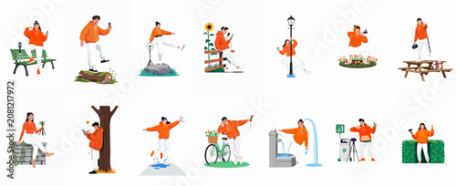 Collection of diverse young people in orange hoodies and white pants engaging in various outdoor activities, vlogging, and leisure moments.
