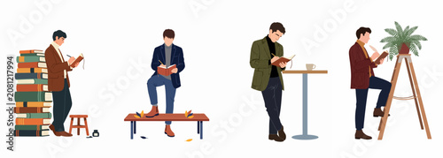 Flat illustration set of stylish men writing in notebooks and journals in various settings, featuring books, a bench, a table, and a ladder.