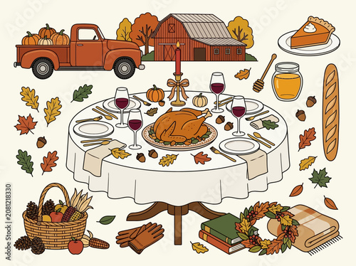 Thanksgiving Harvest Dinner and Autumn Icons Illustration Set