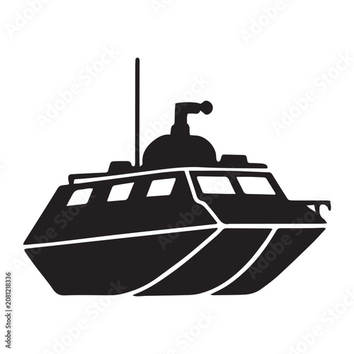 Small military boat or patrol vessel silhouette with military, transport