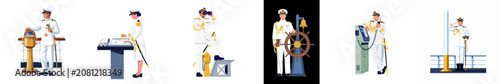Photos Flat Vector Illustrations of Navy Officers in White Uniforms Performing Various Shipboard Tasks like Navigation, Steering, and Communication
