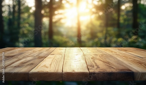 Empty rustic wooden table in foreground with sunlit blurred forest background conveying warm peaceful morning serenity