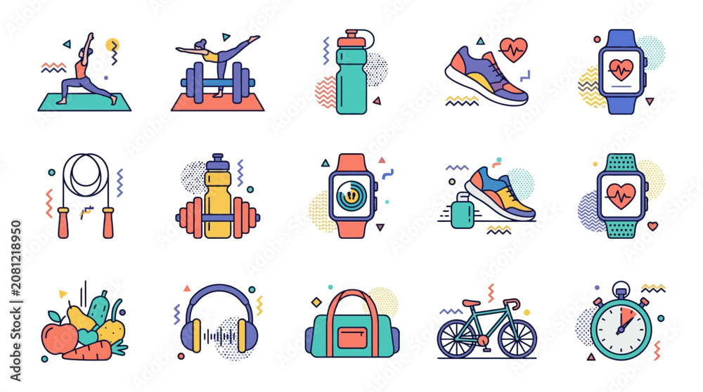 Fototapeta premium Set of colorful fitness and healthy lifestyle icons for exercise and wellness activities.
