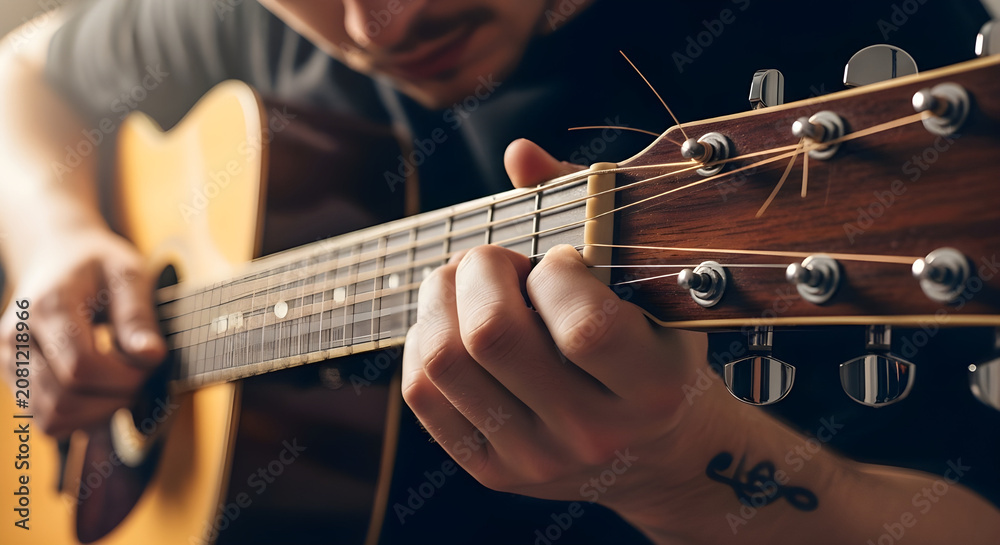 Obraz premium Musician tuning guitar strings before performance. Music preparation sound adjustment and artistic focus in creative studio environment scene.