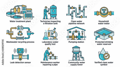 Set of icons illustrating water treatment, distribution, and management processes.