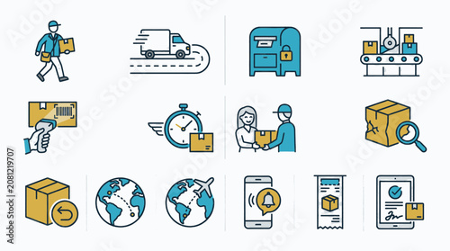 Set of icons representing logistics, delivery, shipping, and package tracking services.