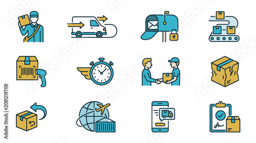 Set of icons representing logistics, delivery, and shipping services with various elements like vans, mailboxes, packages, and couriers.
