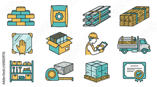 Construction materials and tools icons set, representing building supplies and industry elements.
