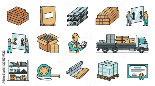 Construction materials and tools, including bricks, cement, metal beams, wood, glass, boxes, and a worker with a tablet.