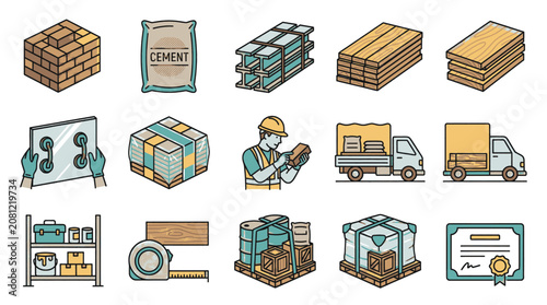 Construction materials and tools icons set, including bricks, cement, lumber, glass, and delivery trucks.