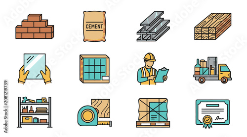Construction materials and tools icons set, representing building supplies and equipment for industry and architecture.