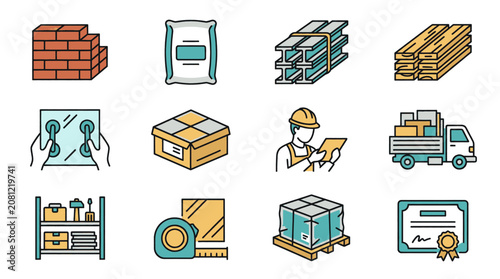 Construction materials and tools icons set, representing building supplies and industry elements.