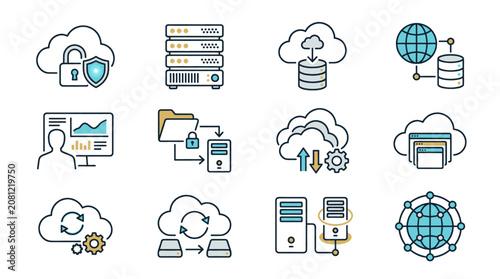 Collection of cloud computing and data storage icons representing technology and digital services.