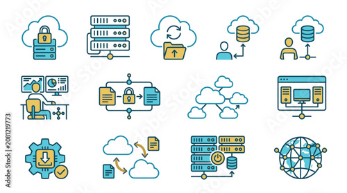 Collection of flat design icons representing cloud computing, data storage, and network security concepts.
