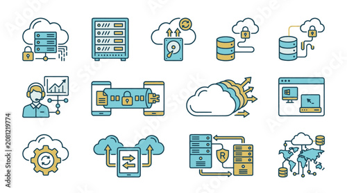 Set of icons representing cloud computing, data storage, network security, and IT infrastructure.