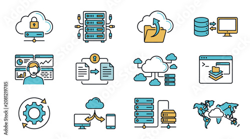 Set of cloud computing and data center icons representing technology, storage, and networking concepts.