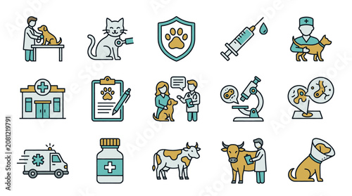 Veterinary icons set representing animal care, medical services, and clinic.