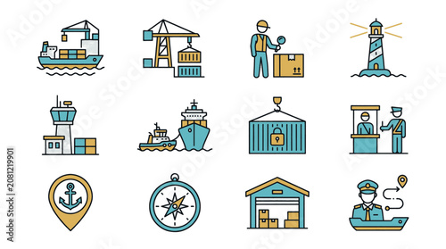 Set of icons representing maritime logistics, shipping, and port operations with clear, modern design.