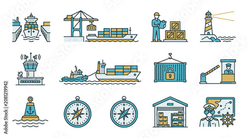 Collection of flat design icons representing maritime logistics and port operations, including ships, cranes, containers, and navigation tools.