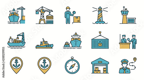 Collection of flat design icons representing maritime logistics and shipping industry elements.