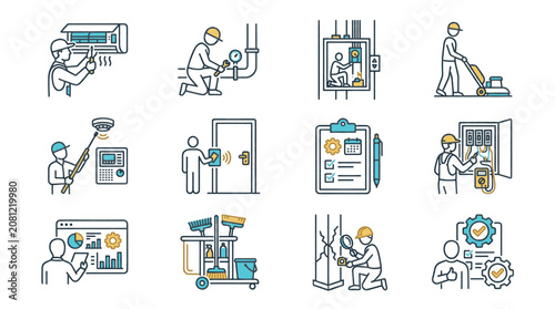 Set of icons representing various maintenance and repair services for homes and businesses, including HVAC, plumbing, electrical, and cleaning.