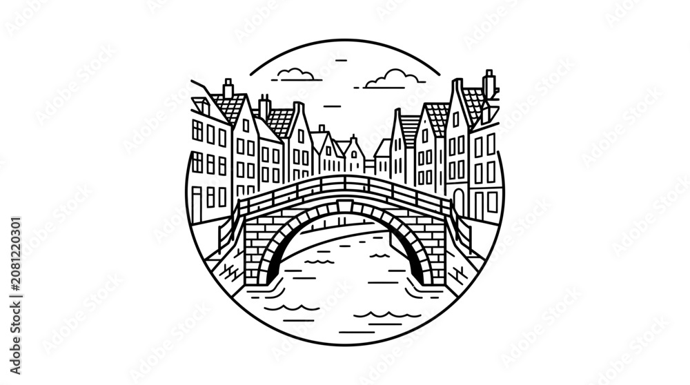 Fototapeta premium Amsterdam Canal Bridge Line Art Illustration