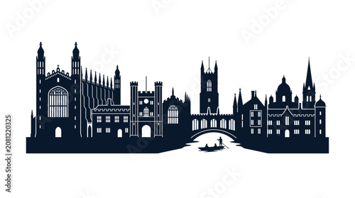 Obraz na płótnie Cambridge Skyline Silhouette with River and Boat