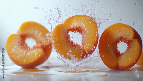 three halved ripe peaches with vibrant orange flesh and splashing water droplets conveying refreshing, juicy, energetic freshness
