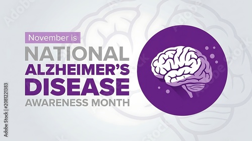 Illustration of Brain with Alzheimer's Disease Awareness Month Purple Ribbon Circle Design