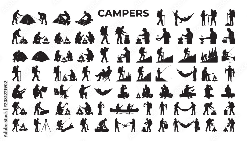 Obraz premium Campers And Camping Icons Set Showing Hiking, Tent, Campfire, Canoe And Outdoor Activities