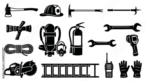 Firefighting Equipment and Tools Black and White Glyph Icons Set: Emergency, Rescue, Safety Gear