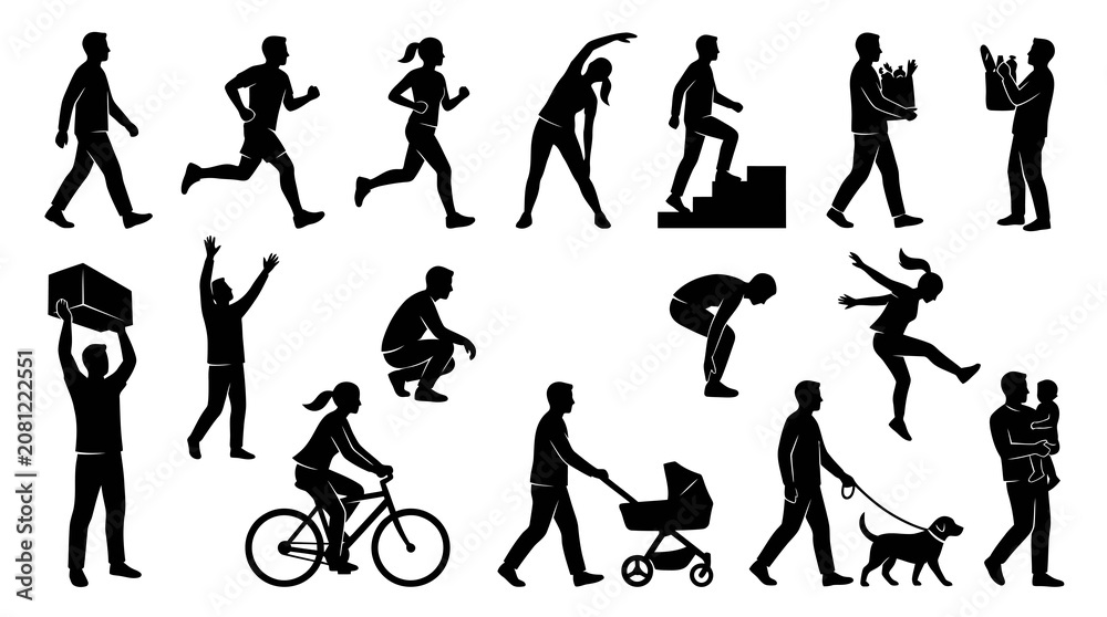 Fototapeta premium Silhouette Collection: People Walking, Running, Exercising, Carrying, and with Dog Baby