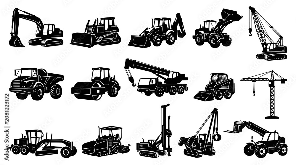 Obraz premium Black and White Vector Icons of Construction Heavy Machinery, Equipment and Vehicles
