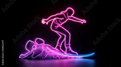 Dynamic surfer riding neon waves in abstract digital art sport concept with glow effect