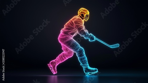 Dynamic hockey player shooting the puck neon glow art sport concept digital environment abstract viewpoint