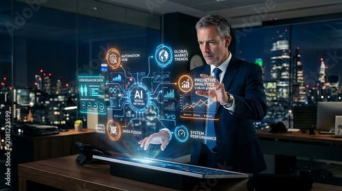 Businessman interacting with AI hologram in office at night