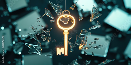 Suspended intrigue a glowing key in a mysterious room unveiling hidden ideas and secrets