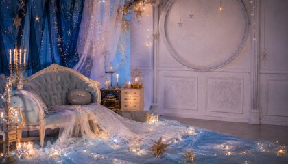 Elegant Fantasy Bedroom with Celestial Decor and Soft Candlelight