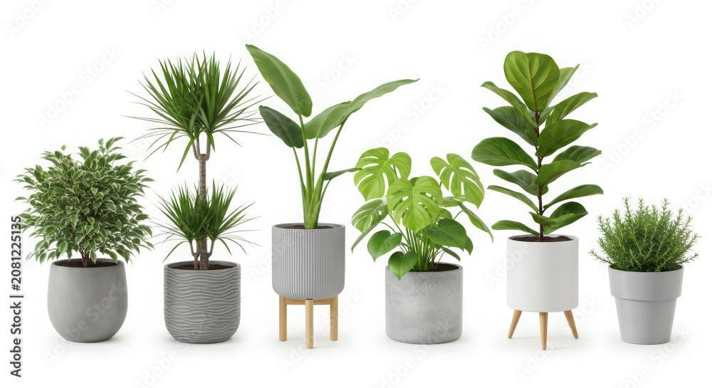 Fototapeta premium A beautiful collection of diverse potted indoor plants, showcasing various green foliage types and modern planter designs for home and office decoration.