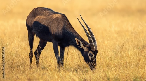 Sable antelope grazes in the golden savanna grass under soft sunlight.