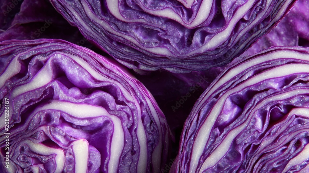 Obraz premium 97.Top view macro shot of freshly cut cabbage, vivid purple hues, crisp texture detail, organic food background