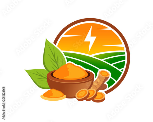 Curcuma or turmeric herbal logo badge with farm landscape and lightning bolt symbol icon