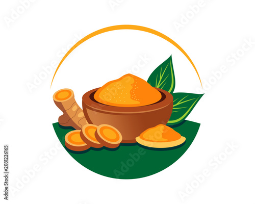 Curcuma in a wooden bowl with sliced curcuma root and herbal green leaves illustration
