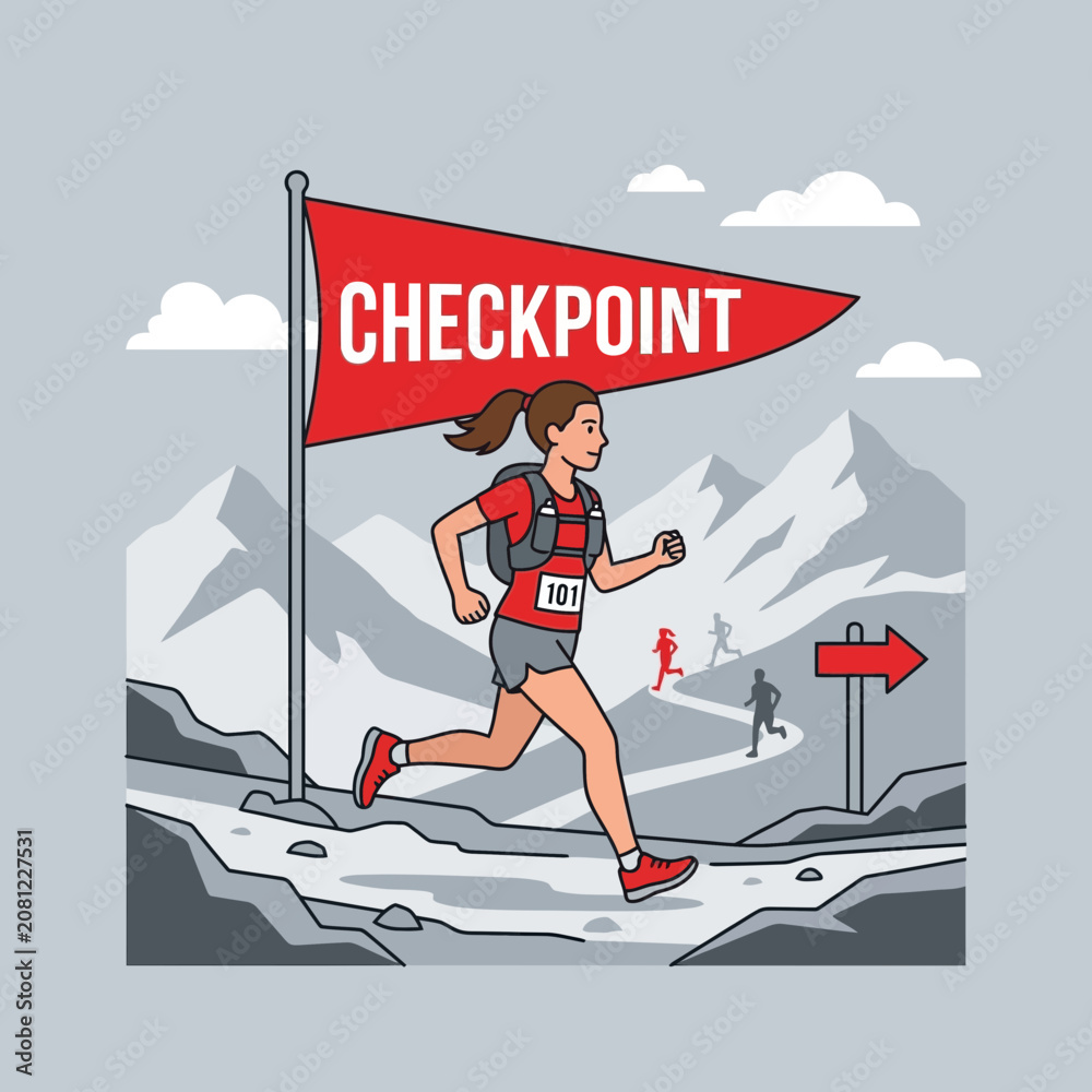 Fototapeta premium Active Woman Reaching Mountain Checkpoint During Trail Race