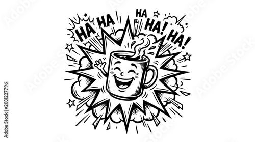 фотографія Funny Coffee Mug Character Laughing with Explosive Starburst and HA HA Text