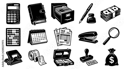 Finance, Business  Accounting Office Supplies Black  White Glyph Icons Set for Administration  Economy