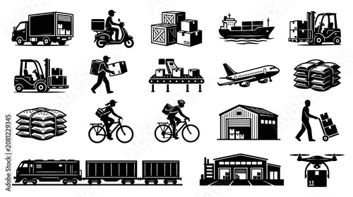 Supply Chain  Delivery Icons Collection: Black  White Glyph Pictograms for Logistics  Transportation