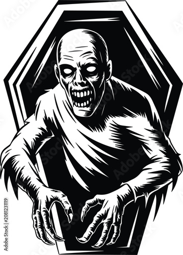 Фотография Zombie emerging from coffin during Halloween night with glowing eyes and menacin