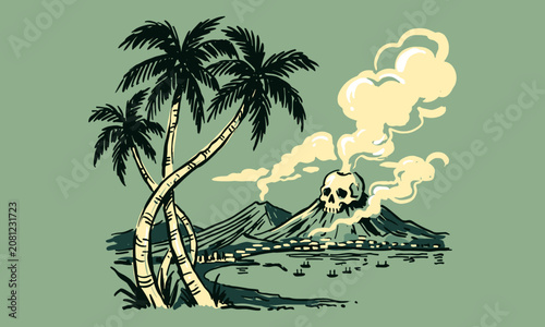 Εκτύπωση καμβά Vintage tropical island illustration with palm trees and a skull volcano erupting smoke over a bay