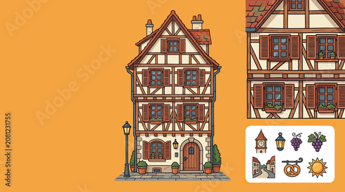 Schilderij op canvas Charming Half-Timbered House Illustration with European Village Elements